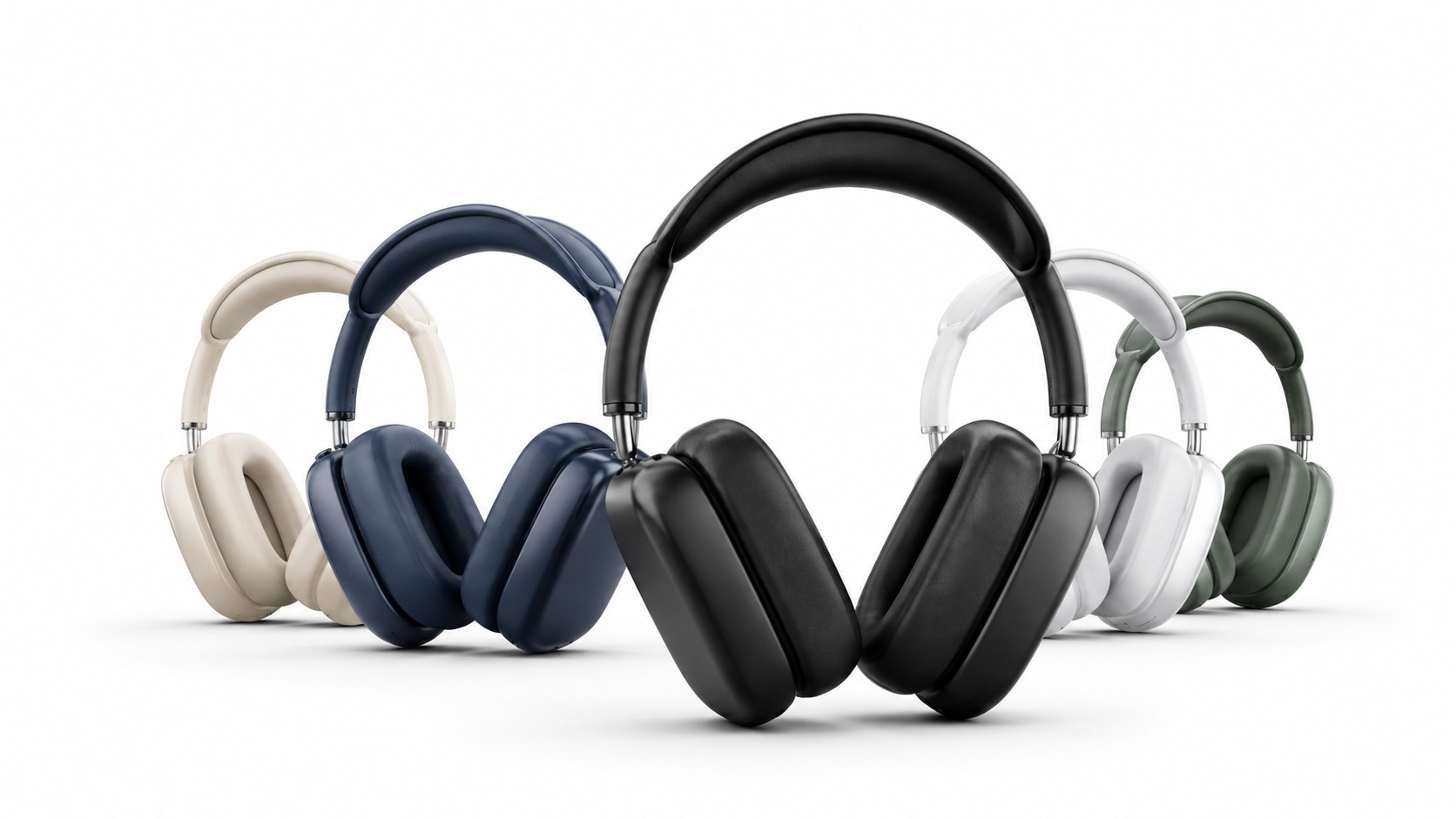 Hidden Maxes wireless headphones lineup in cream, navy, black, white and green